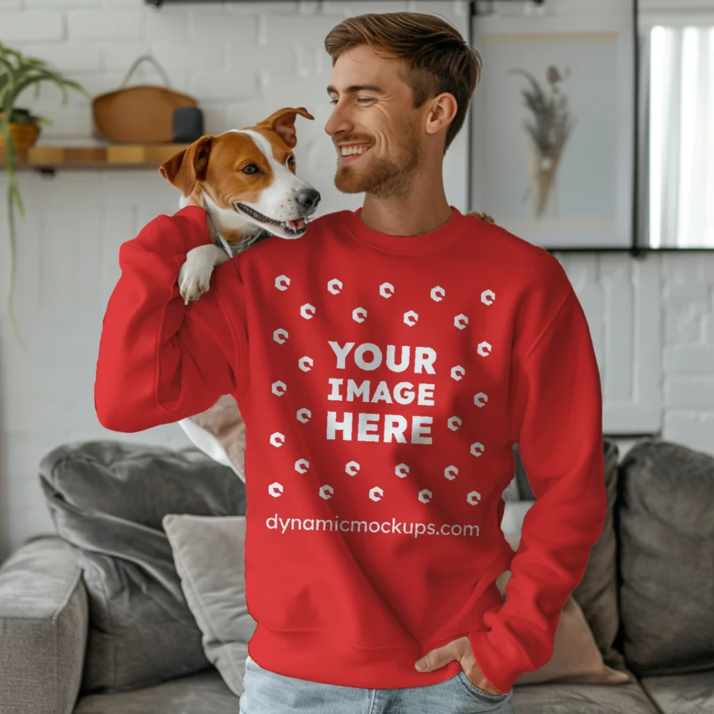 Man Wearing Red Sweatshirt Mockup Front View Template