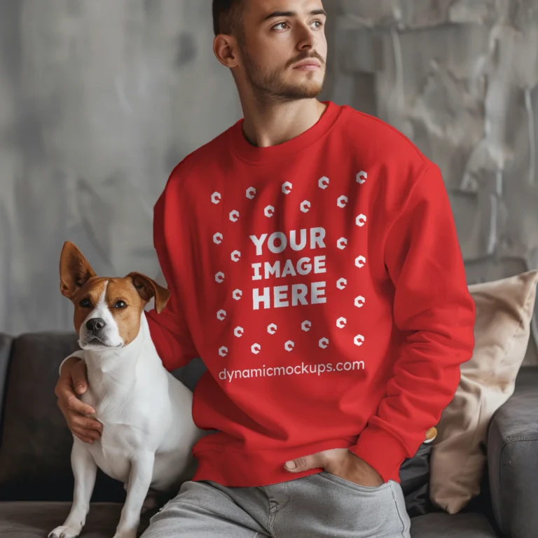 Man Wearing Red Sweatshirt Mockup Front View Template