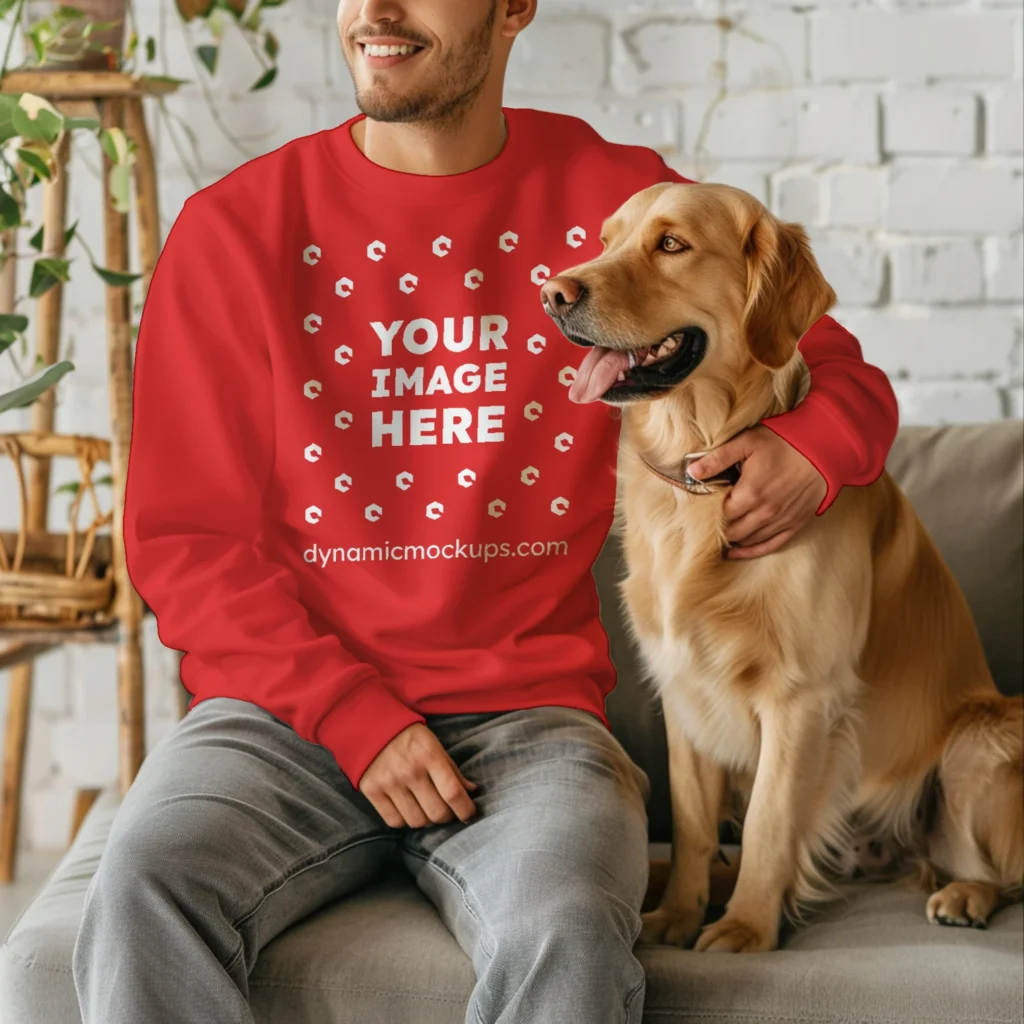 Man Wearing Red Sweatshirt Mockup Front View Template