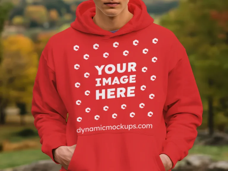 Man Wearing Red Hoodie Mockup Front View Template