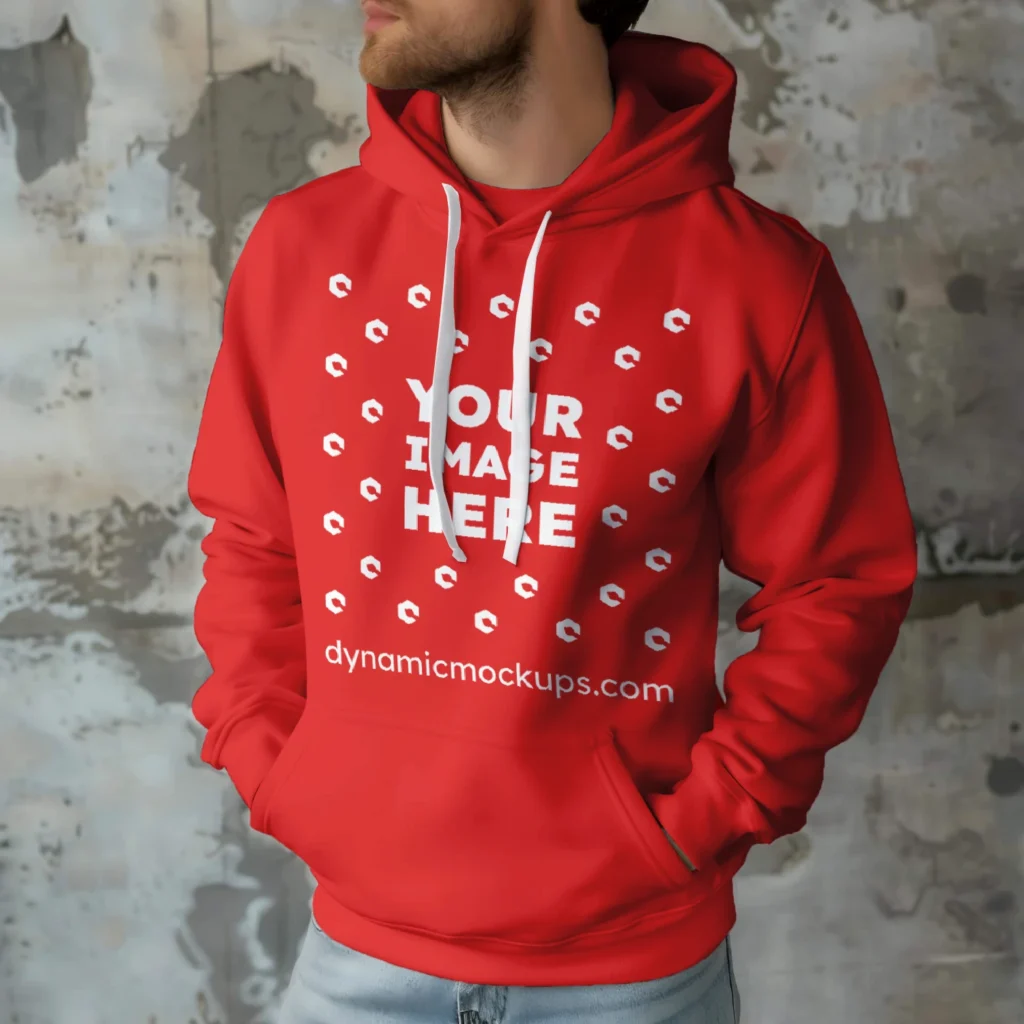 Man Wearing Red Hoodie Mockup Front View Template