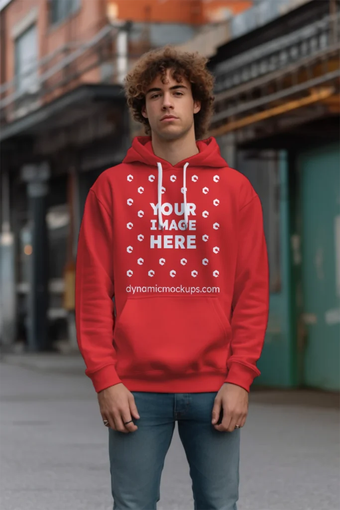 Man Wearing Red Hoodie Mockup Front View Template