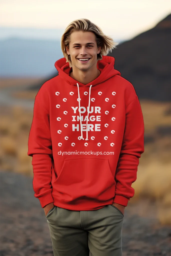 Man Wearing Red Hoodie Mockup Front View Template