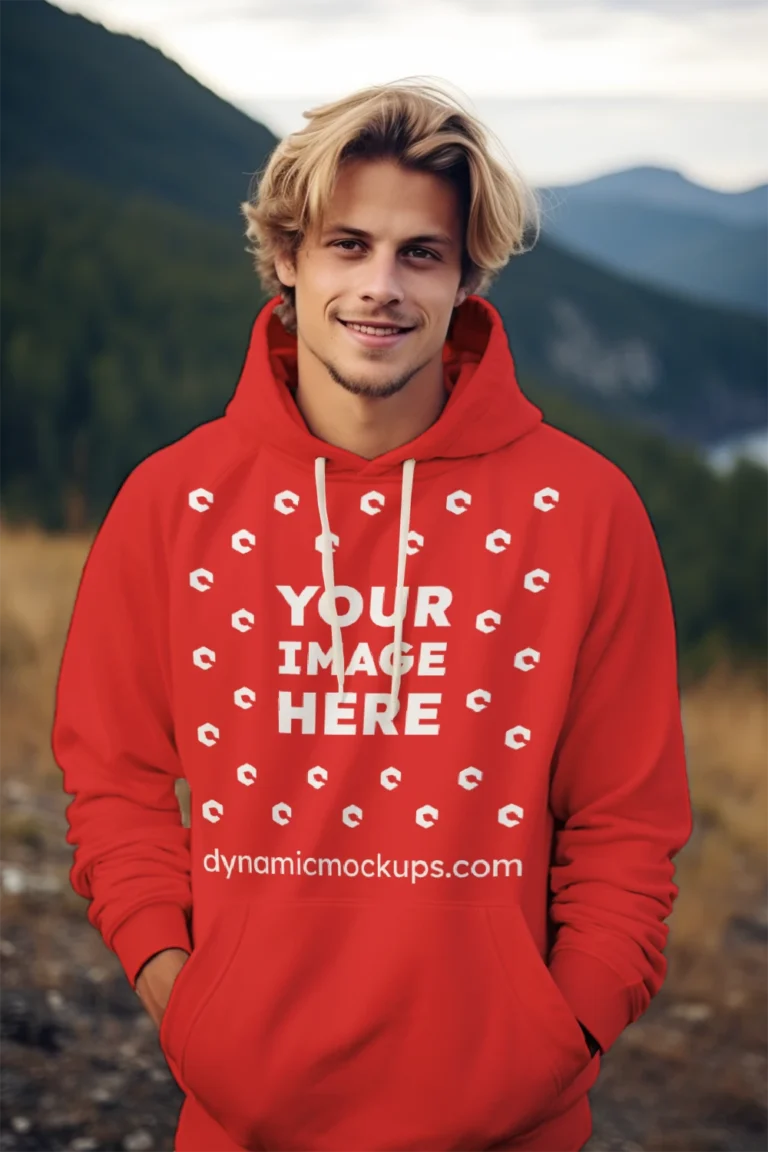 Man Wearing Red Hoodie Mockup Front View Template