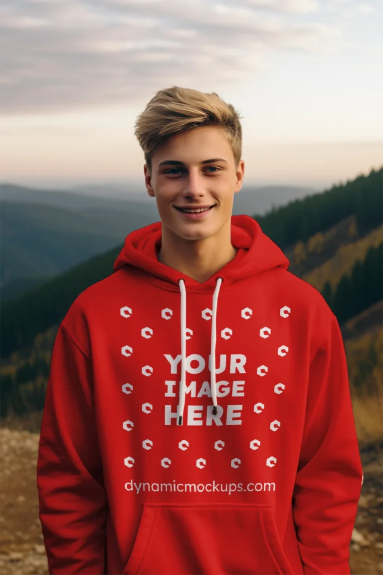 Man Wearing Red Hoodie Mockup Front View Template