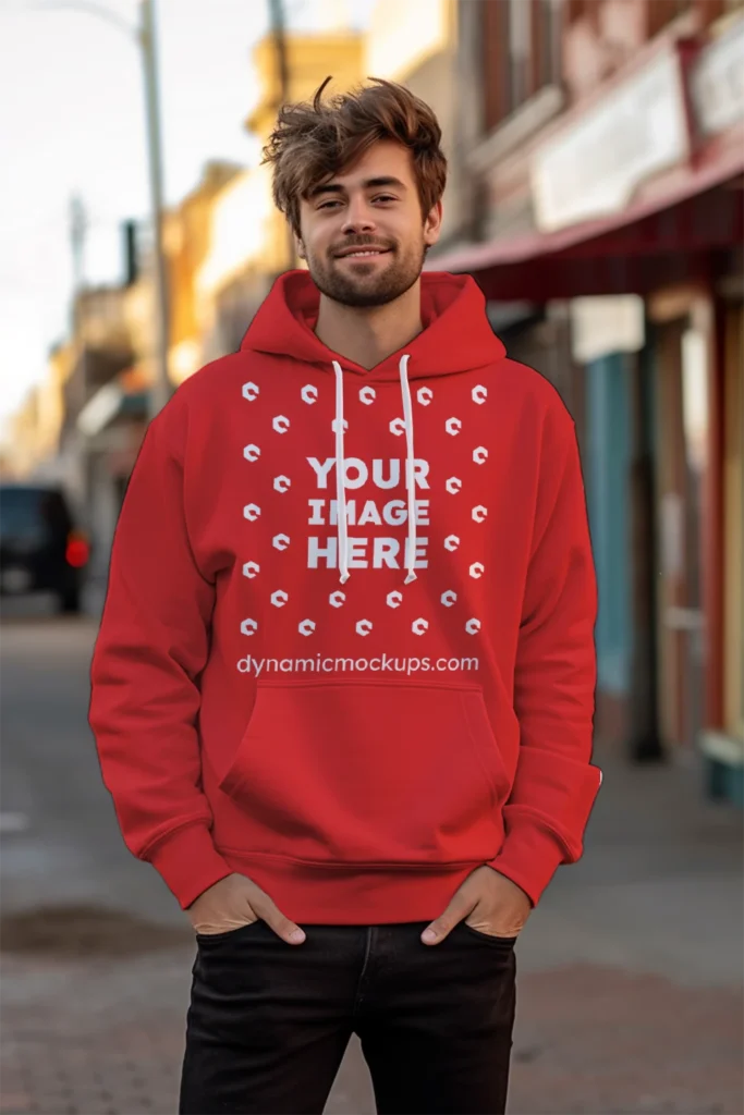 Man Wearing Red Hoodie Mockup Front View Template