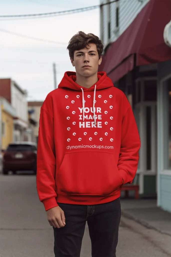 Man Wearing Red Hoodie Mockup Front View Template