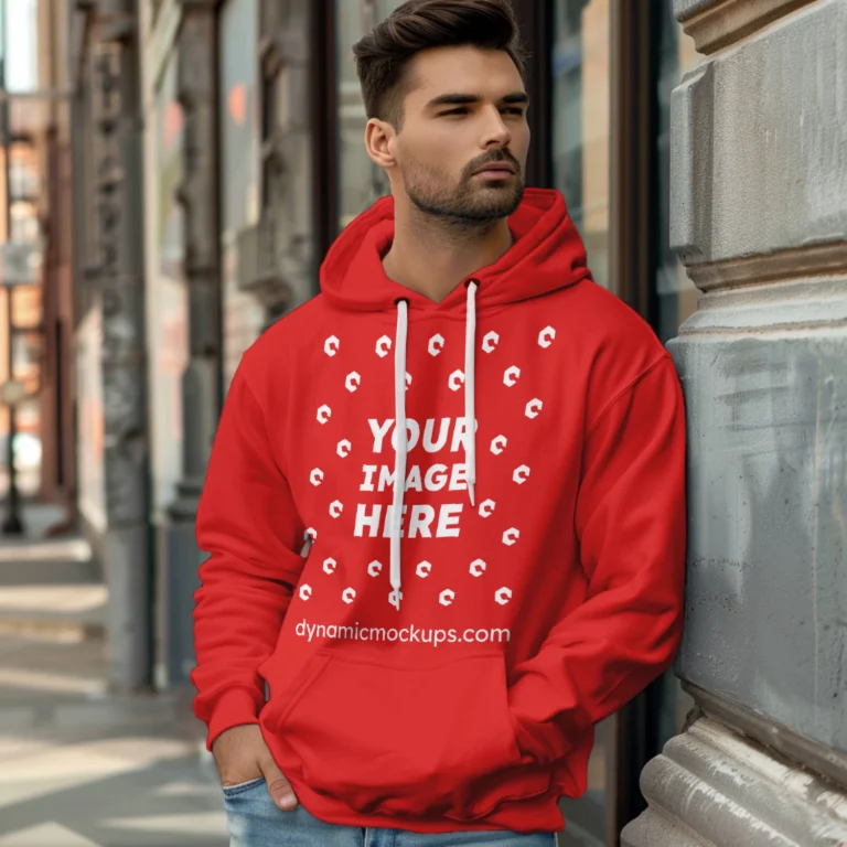 Man Wearing Red Hoodie Mockup Front View Template