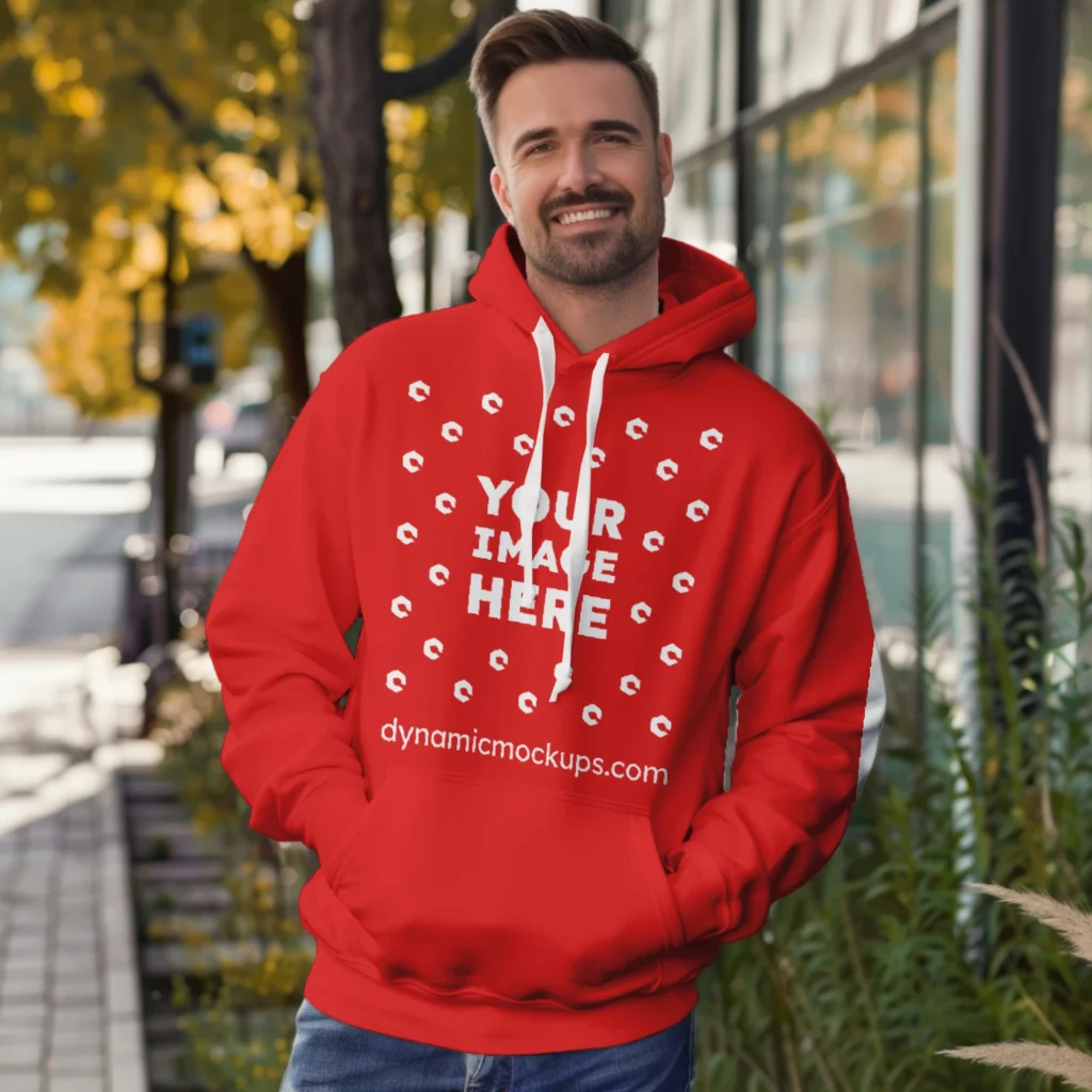 Man Wearing Red Hoodie Mockup Front View Template