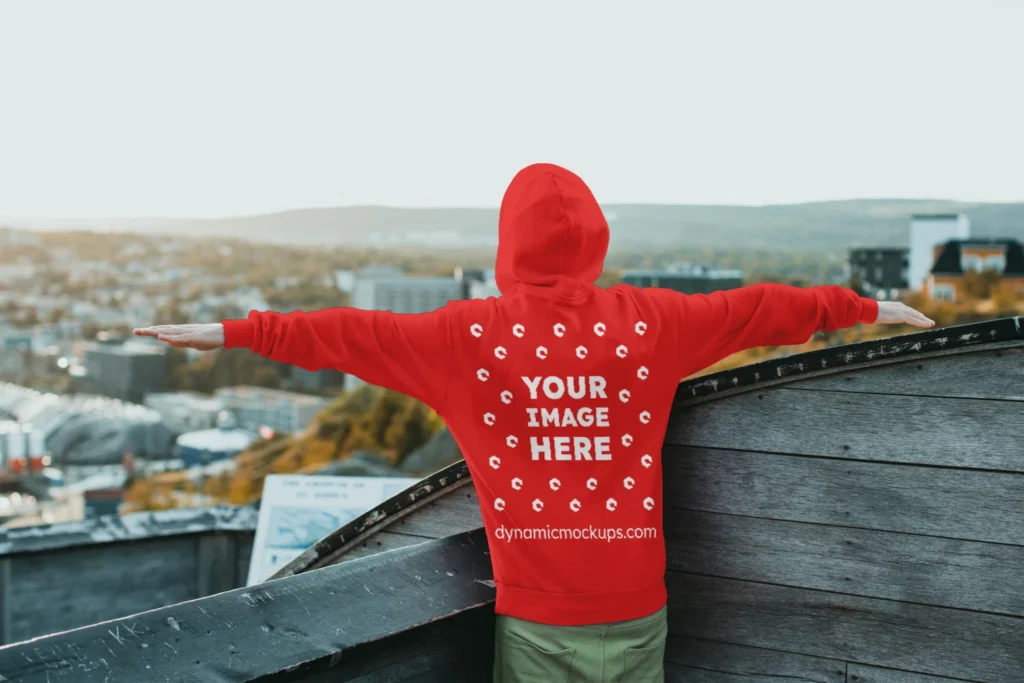 Man Wearing Red Hoodie Mockup Back View Template