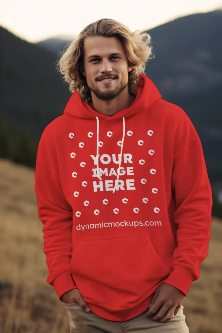 Man Wearing Red Hoodie Mockup Front View Template