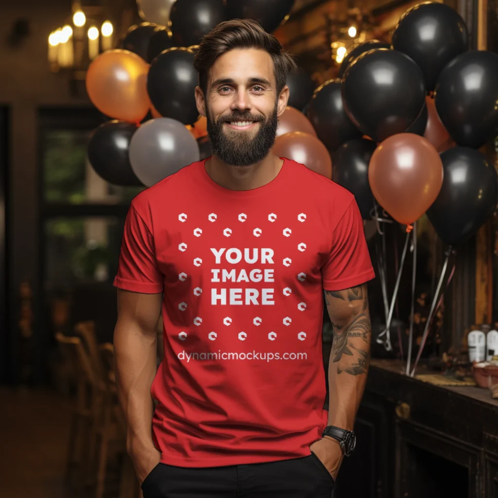 Man Wearing Red T-shirt Mockup Front View Template