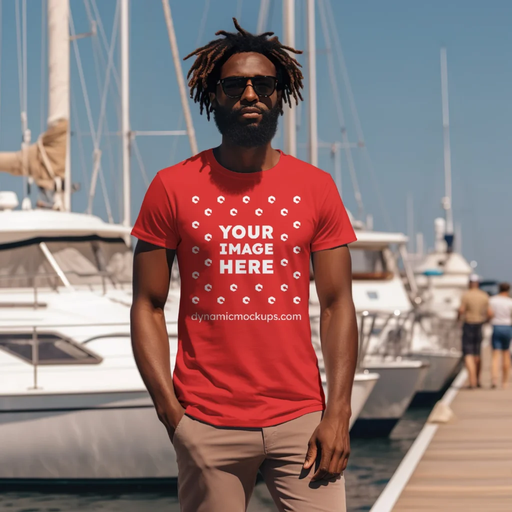 Man Wearing Red T-shirt Mockup Front View Template