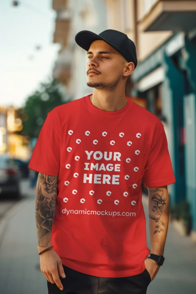 Man Wearing Red T-shirt Mockup Front View Template