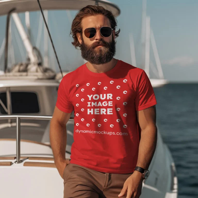 Man Wearing Red T-shirt Mockup Front View Template