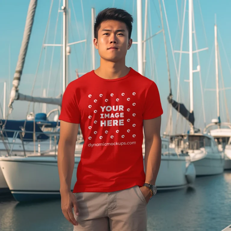 Man Wearing Red T-shirt Mockup Front View Template