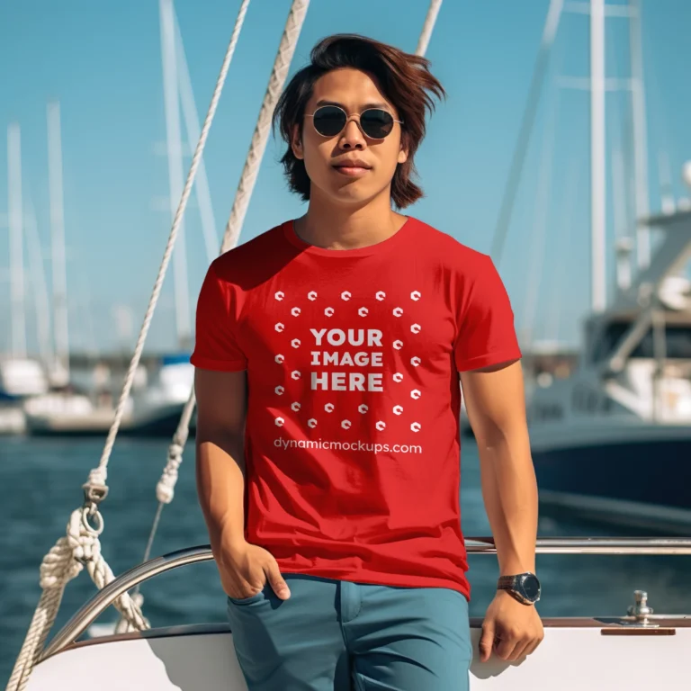 Man Wearing Red T-shirt Mockup Front View Template