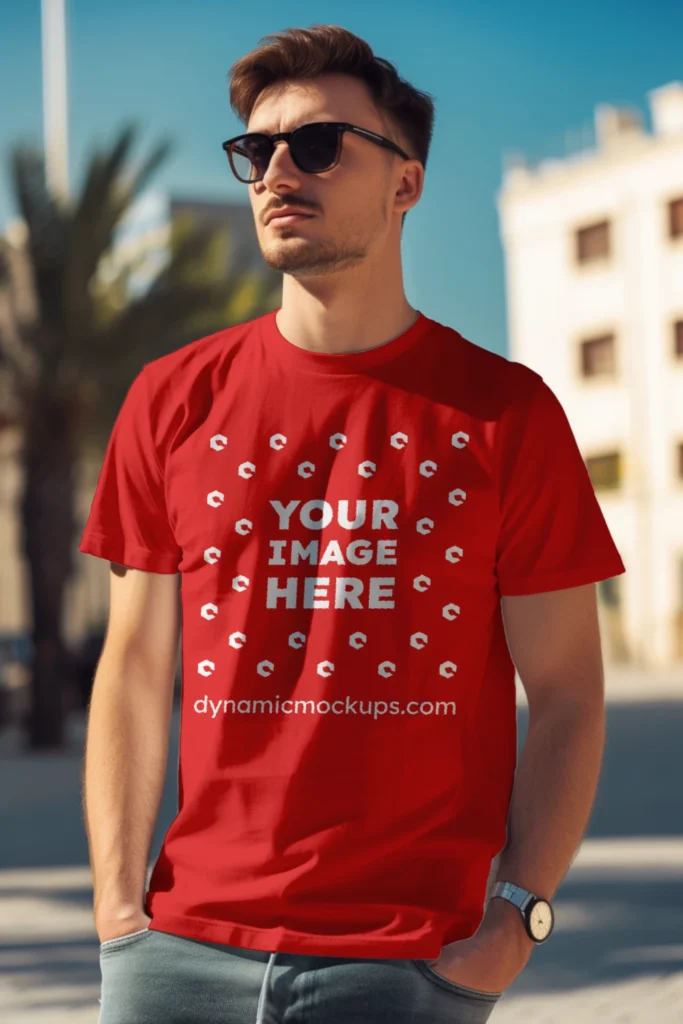 Man Wearing Red T-shirt Mockup Front View Template