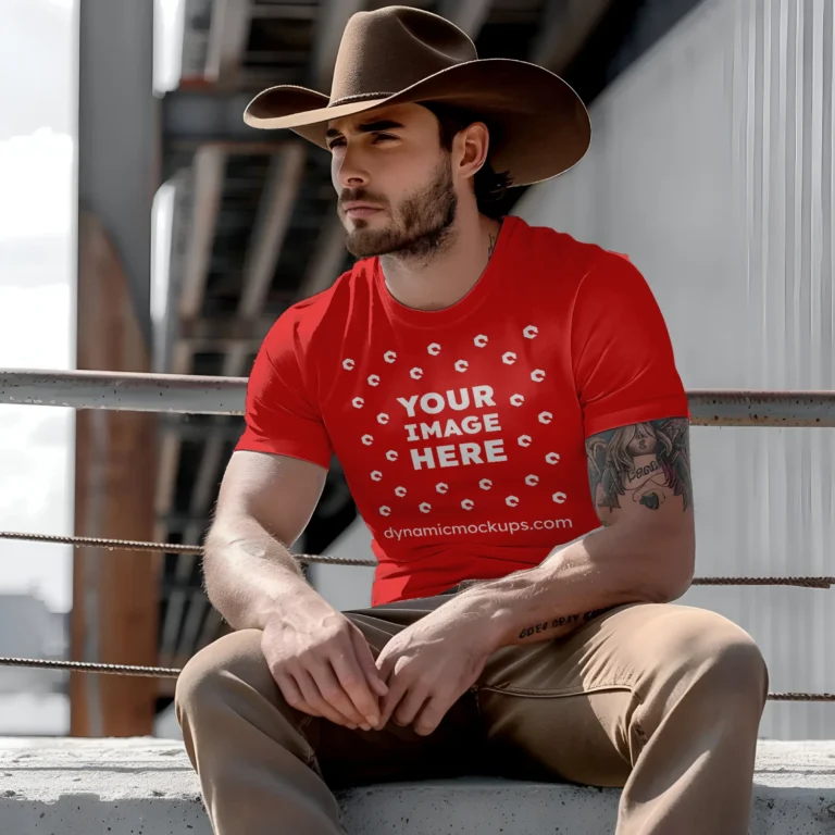 Man Wearing Red T-shirt Mockup Front View Template