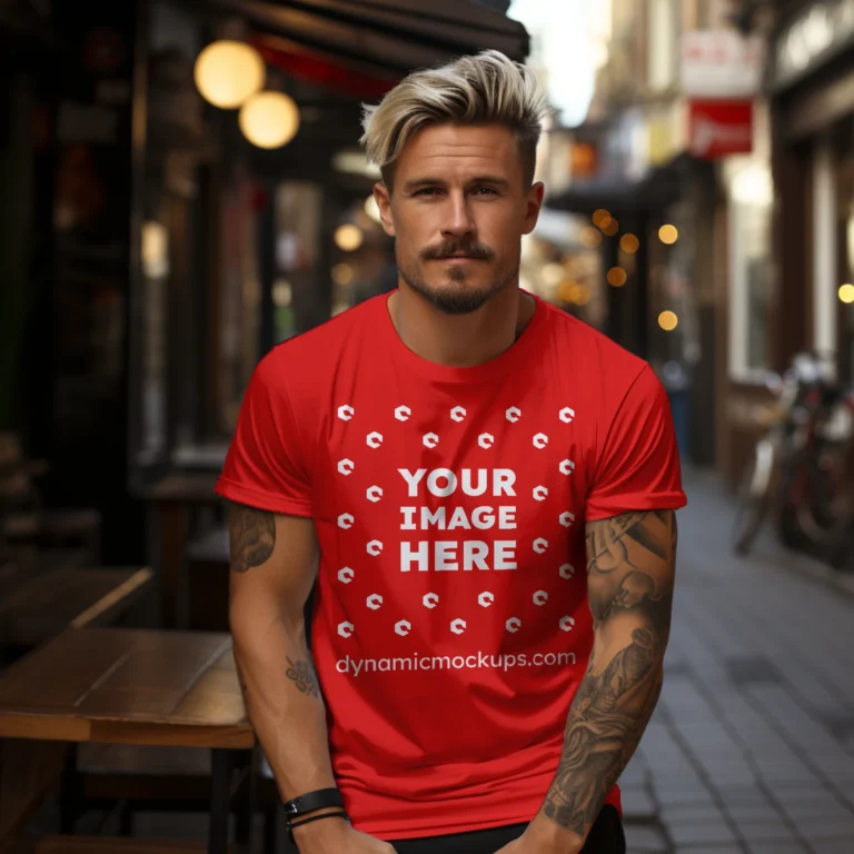 Man Wearing Red T-shirt Mockup Front View Template