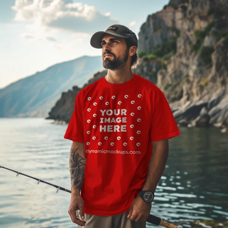 Man Wearing Red T-shirt Mockup Front View Template