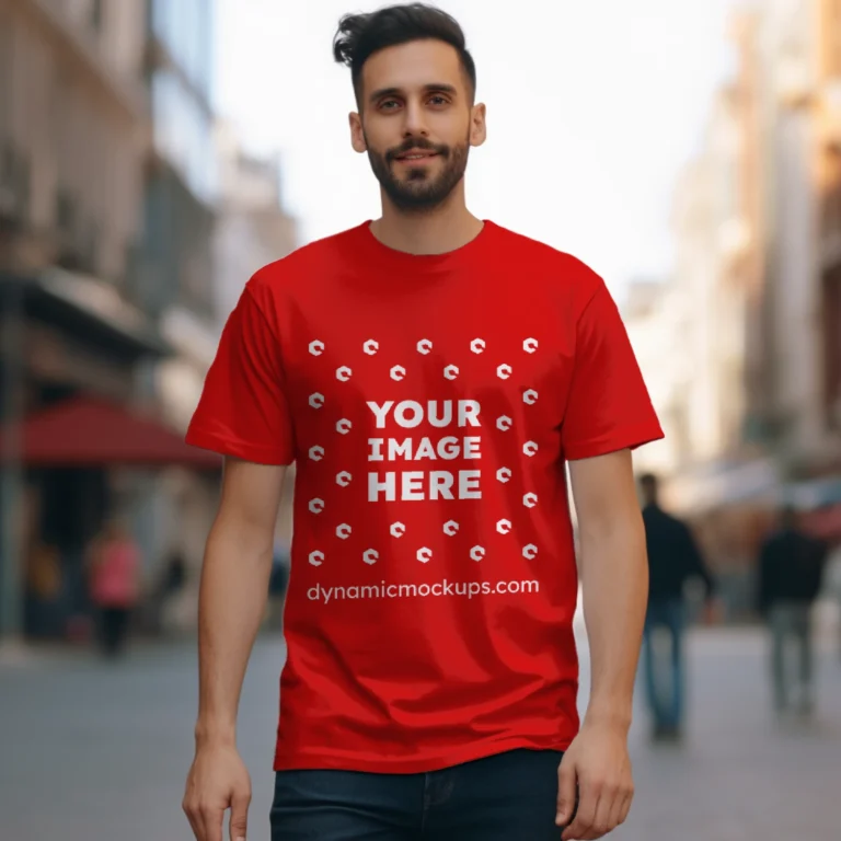 Man Wearing Red T-shirt Mockup Front View Template