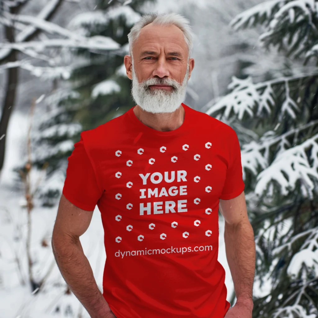 Man Wearing Red T-shirt Mockup Front View Template