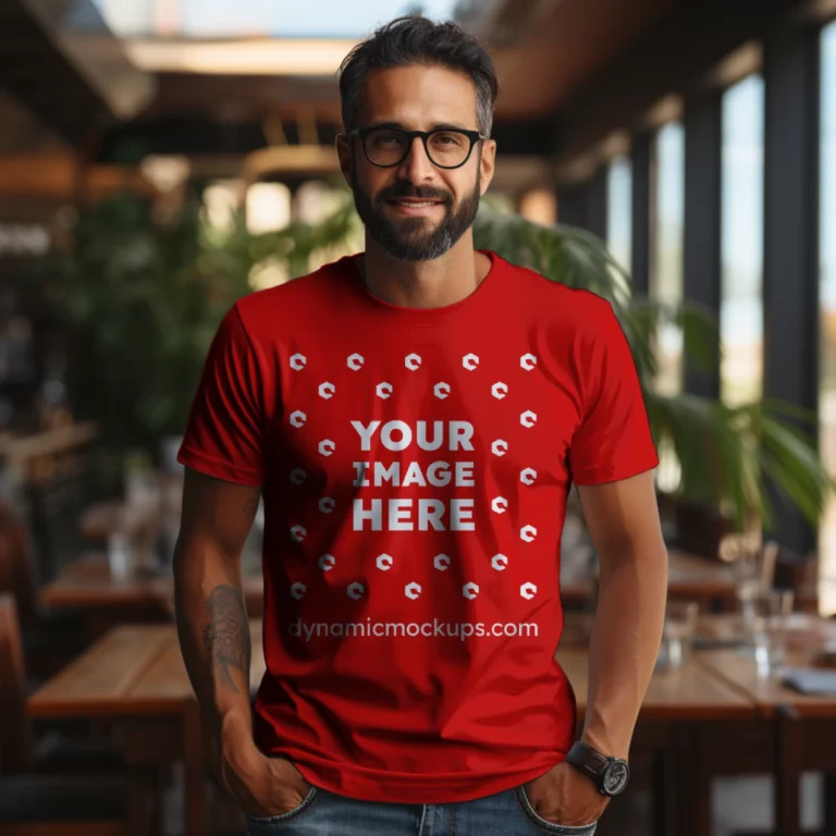 Man Wearing Red T-shirt Mockup Front View Template