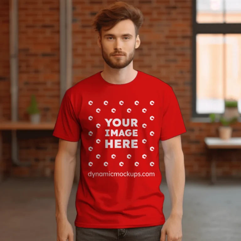 Man Wearing Red T-shirt Mockup Front View Template