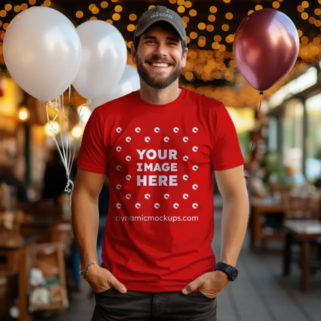 Man Wearing Red T-shirt Mockup Front View Template