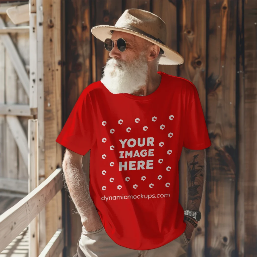 Man Wearing Red T-shirt Mockup Front View Template