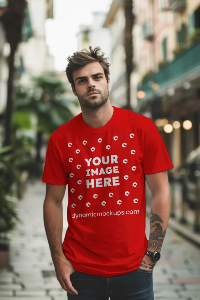 Man Wearing Red T-shirt Mockup Front View Template