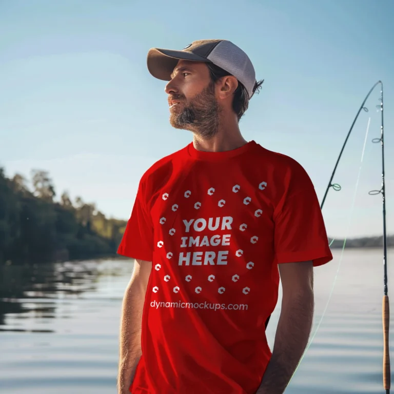 Man Wearing Red T-shirt Mockup Front View Template