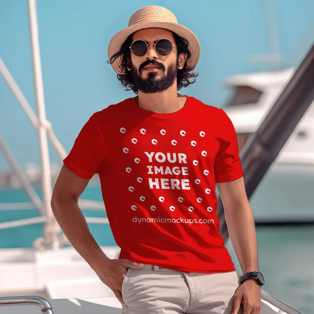 Man Wearing Red T-shirt Mockup Front View Template