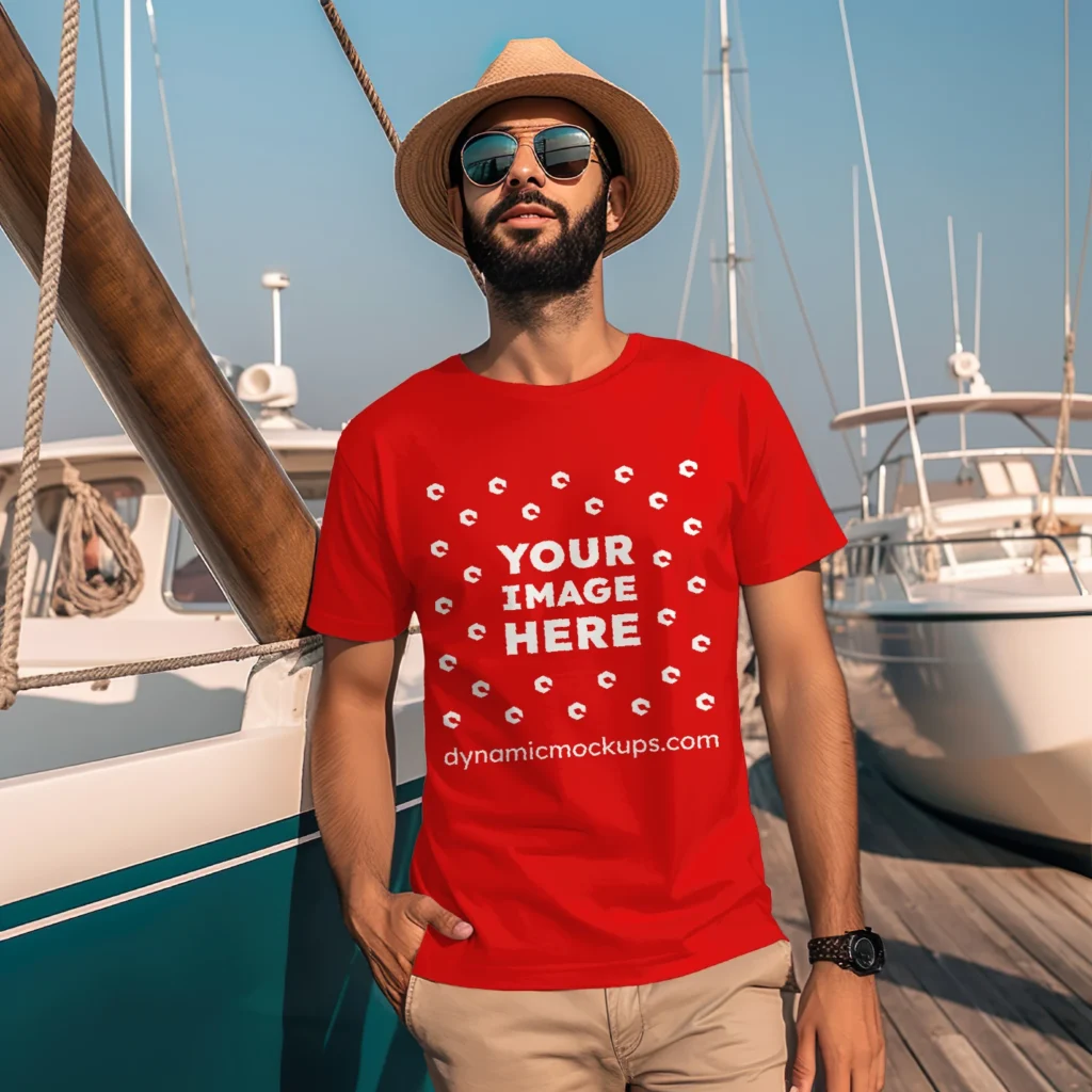 Man Wearing Red T-shirt Mockup Front View Template