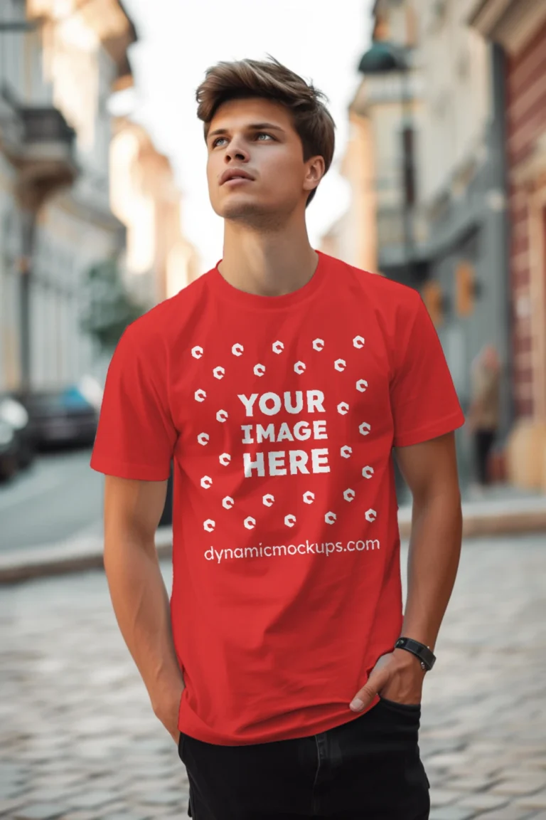 Man Wearing Red T-shirt Mockup Front View Template