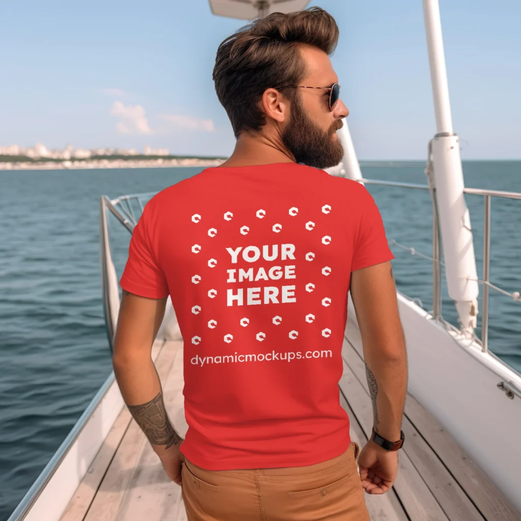 Man Wearing Red T-shirt Mockup Back View Template