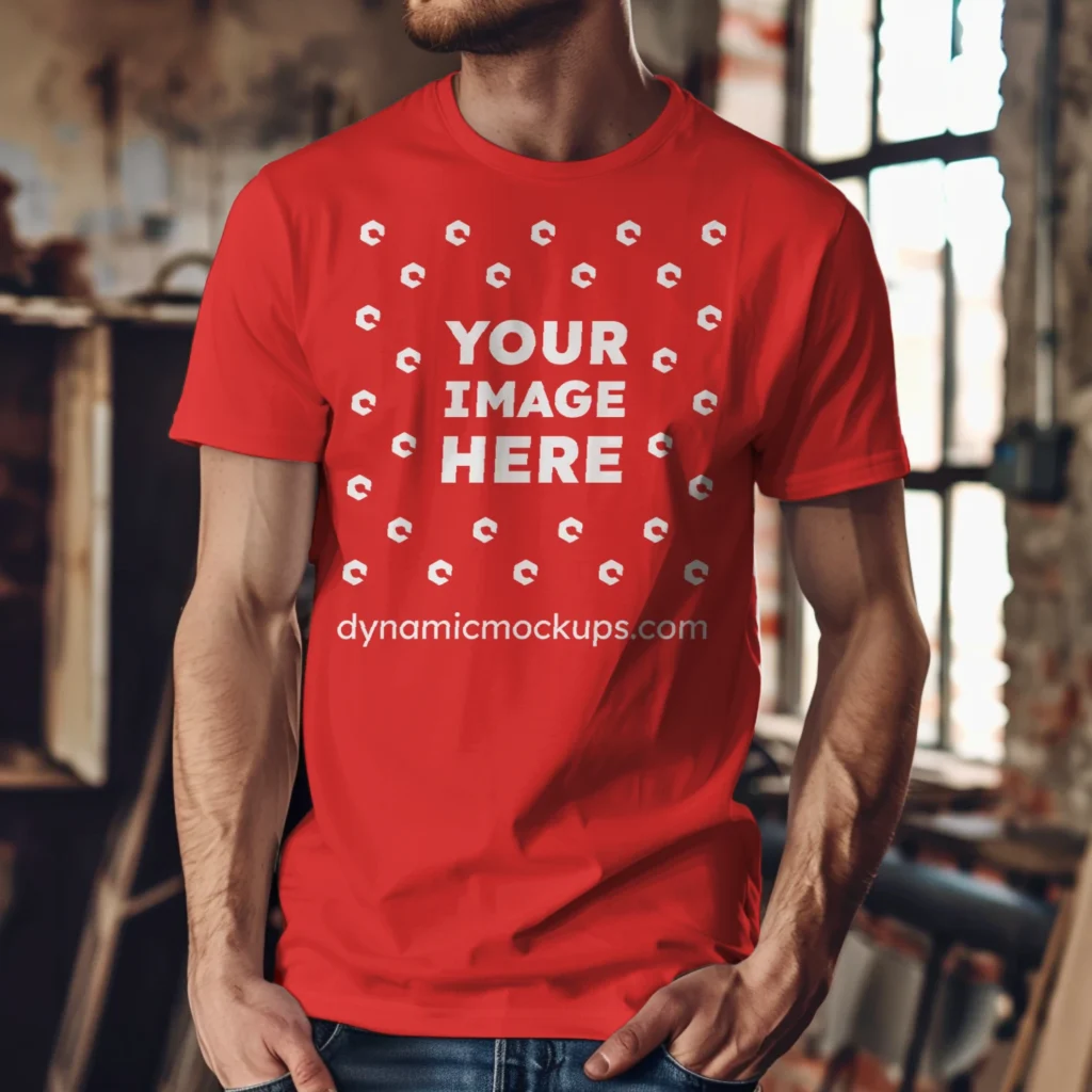 Man Wearing Red T-shirt Mockup Front View Template