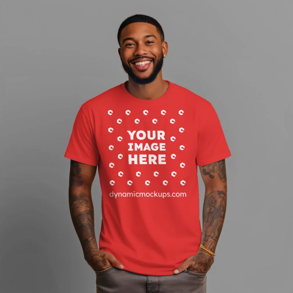 Man Wearing Red T-shirt Mockup Front View Template