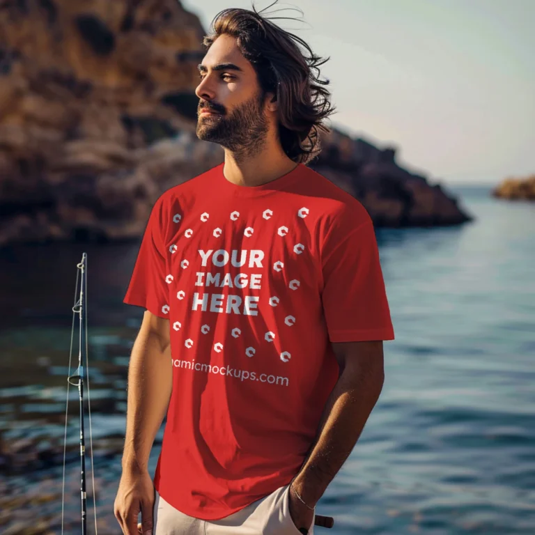 Man Wearing Red T-shirt Mockup Front View Template