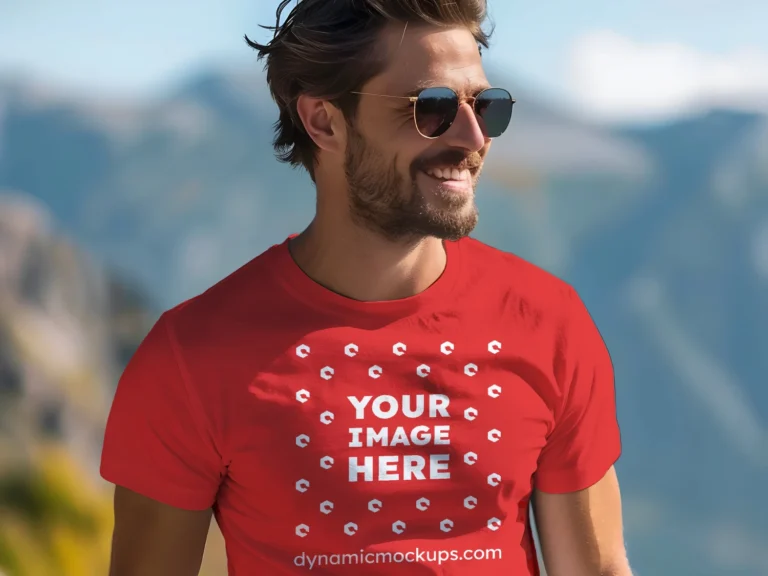 Man Wearing Red T-shirt Mockup Front View Template