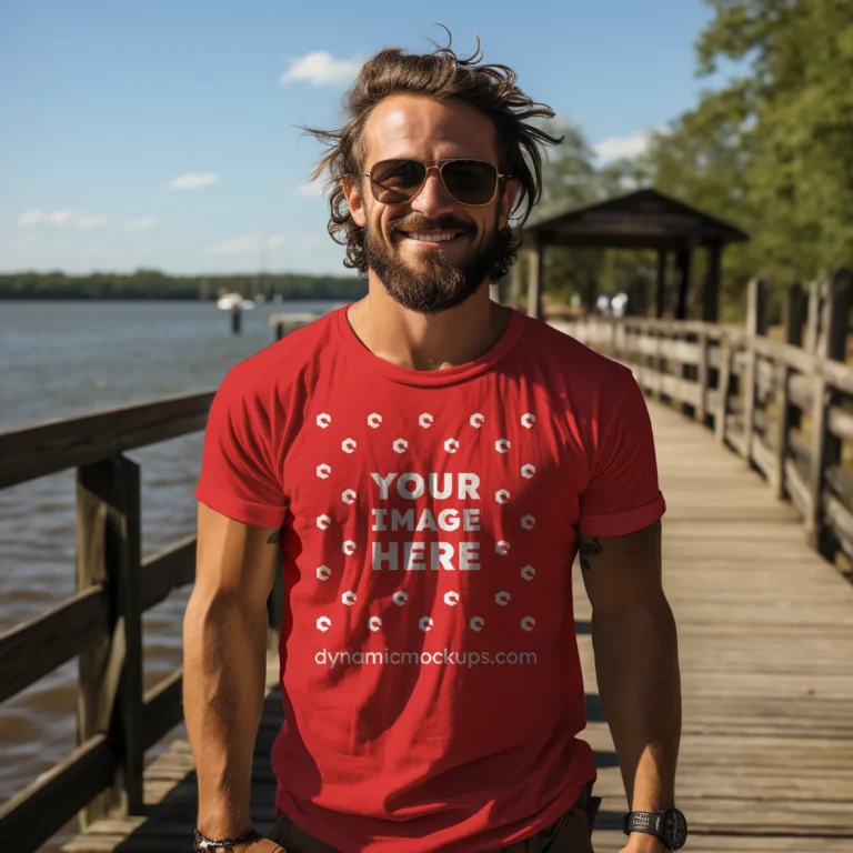 Man Wearing Red T-shirt Mockup Front View Template