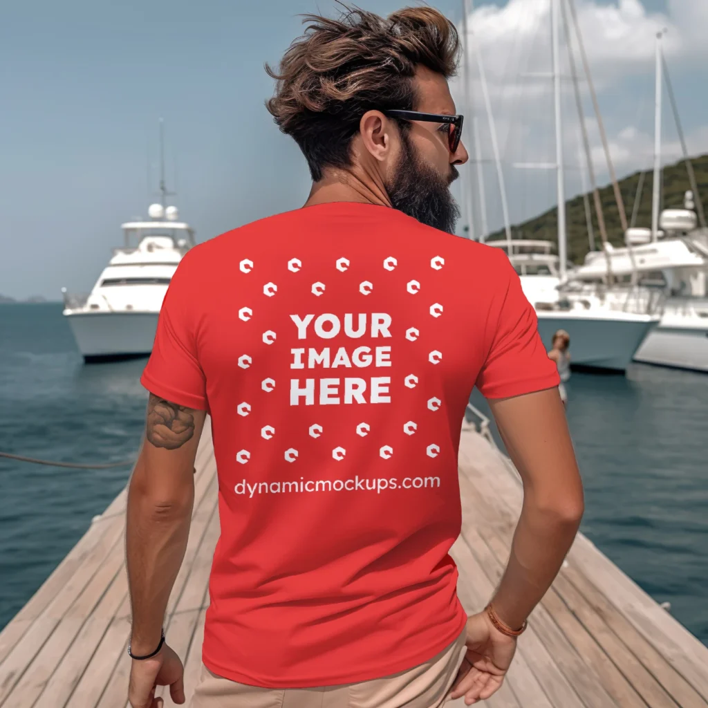 Man Wearing Red T-shirt Mockup Back View Template