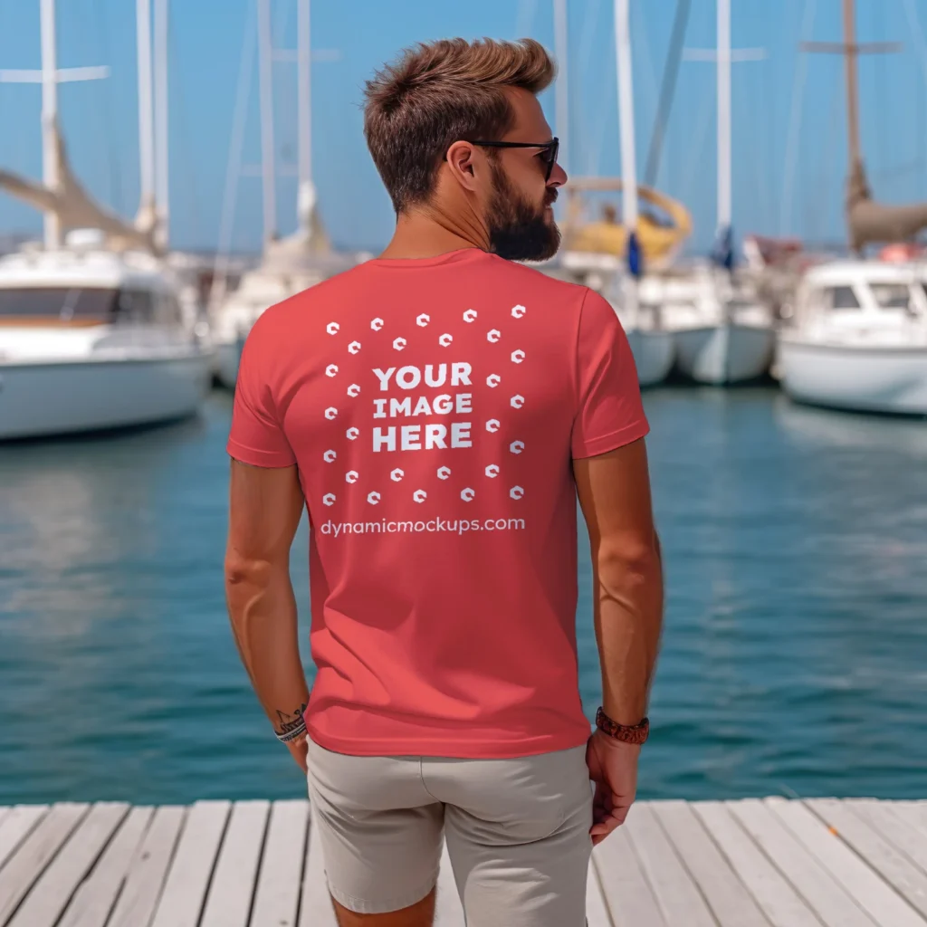 Man Wearing Red T-shirt Mockup Back View Template