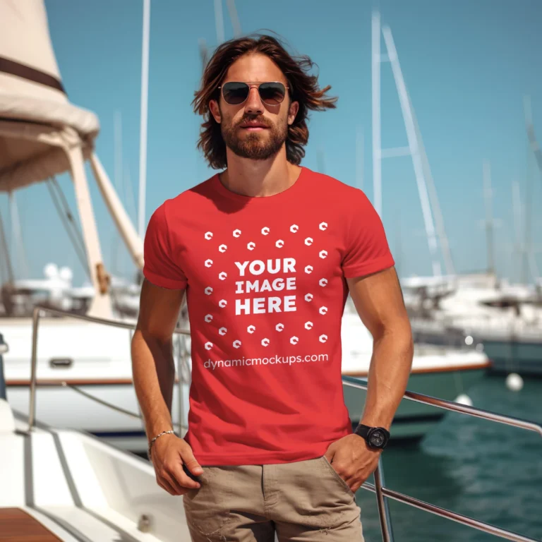 Man Wearing Red T-shirt Mockup Front View Template