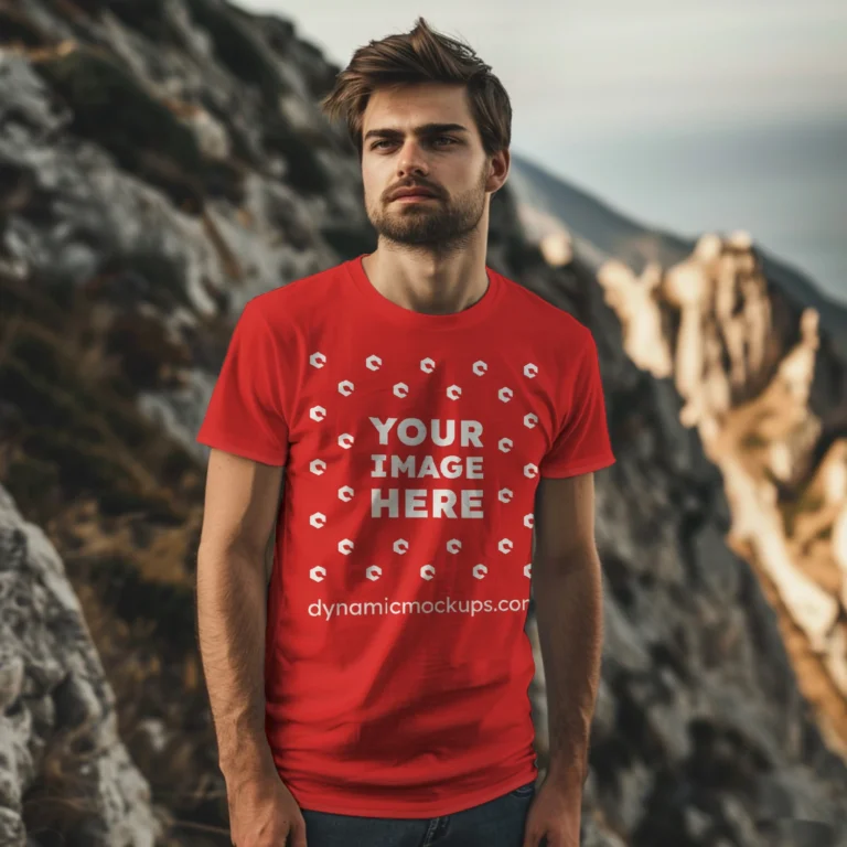 Man Wearing Red T-shirt Mockup Front View Template