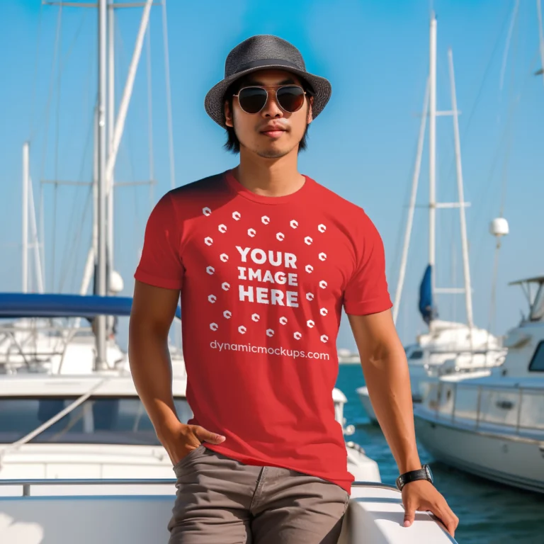 Man Wearing Red T-shirt Mockup Front View Template