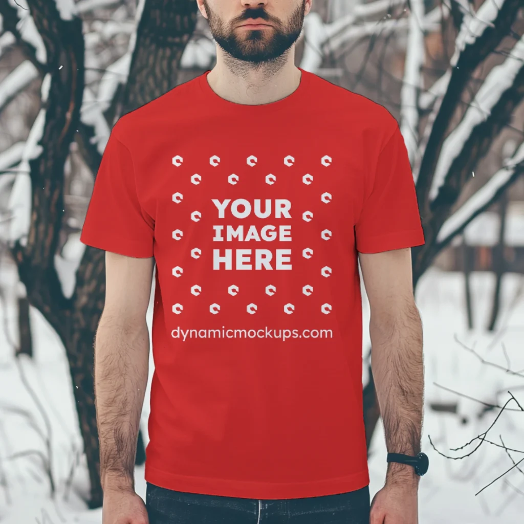 Man Wearing Red T-shirt Mockup Front View Template