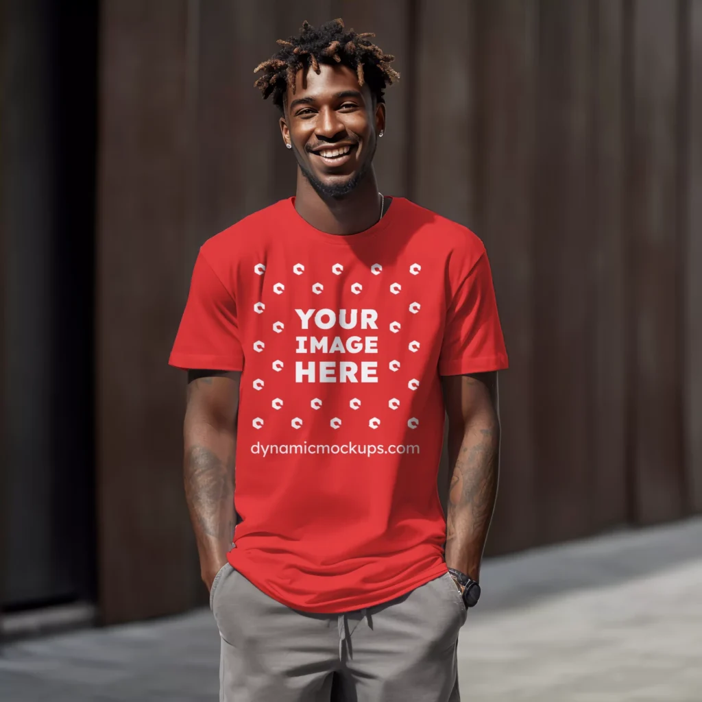 Man Wearing Red T-shirt Mockup Front View Template