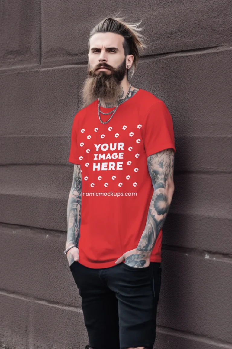 Man Wearing Red T-shirt Mockup Front View Template